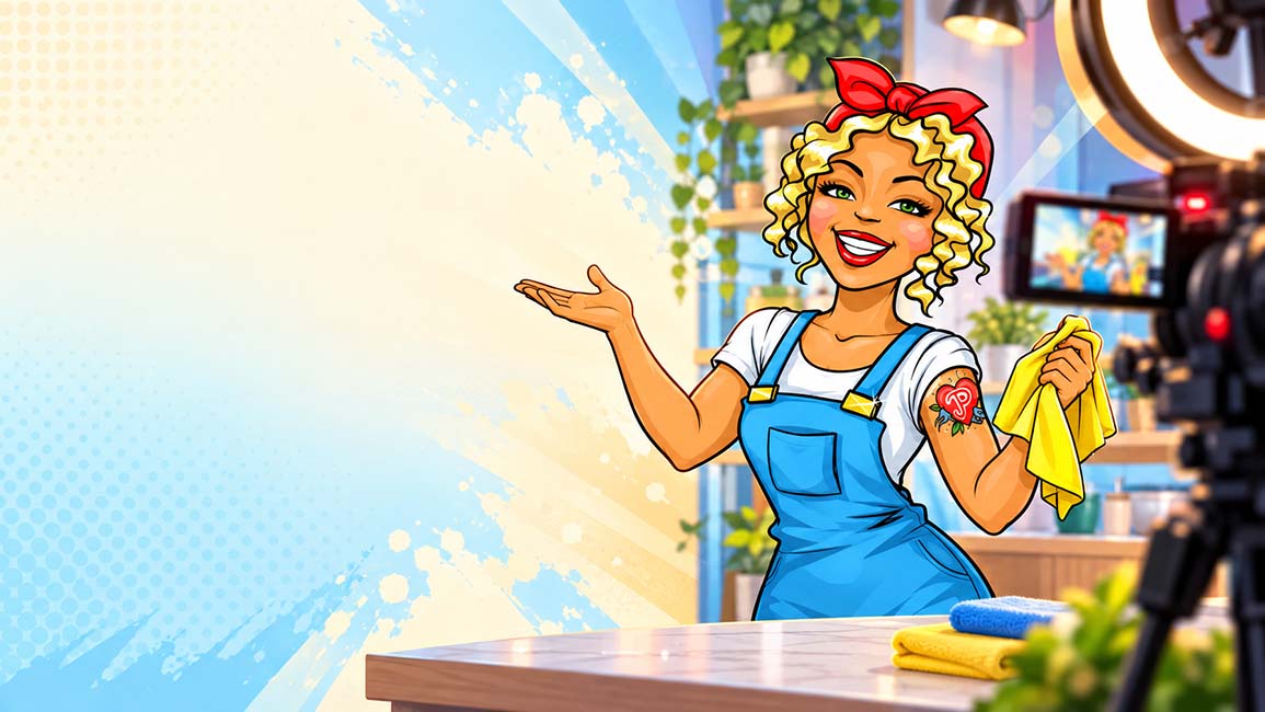 Miss Pastaclean präsentiert Putztipps vor der Kamera im Pastaclean Studio