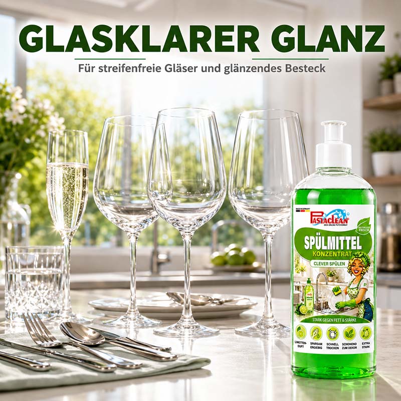Pastaclean Spülmittel Konzentrat 500 ml, Geschirrspülmittel mit Schnell-Trocken-Formel, fettlösend und streifenfrei für glänzendes Geschirr und Besteck im Haushalt.