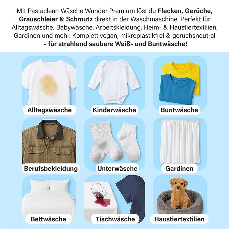 Pastaclean Wäsche Wunder Waschkraft-Booster 3 kg – entfernt Flecken, Gerüche, Grauschleier und Schmutz aus Alltagswäsche, Kinderwäsche, Bettwäsche, Gardinen, Arbeitskleidung & Haustiertextilien, vegan und mikroplastikfrei