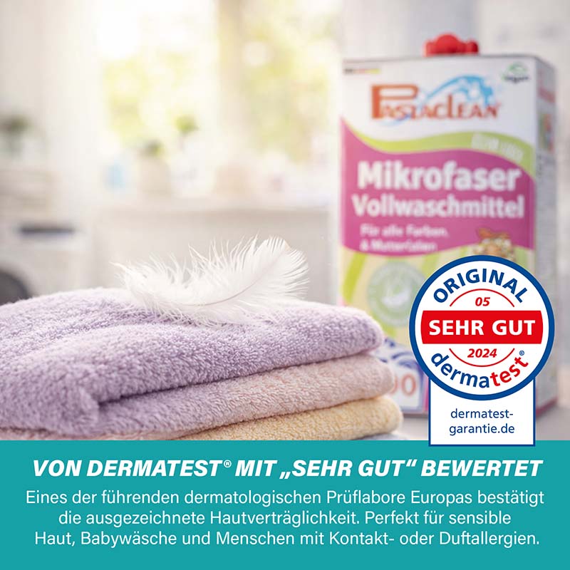 Flüssigwaschmittel Konzentrat, 500 Wäschen, Universal Waschmittel, 5 Liter, dermatologisch getestet, hypoallergen, geeignet für sensible Haut, Babykleidung, Duftallergien, mikrofasergeeignet, positive Bewertung von Dermatest.