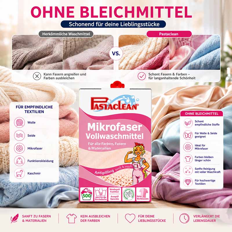 Pastaclean Mikrofaser Waschmittel Antipilling 5Liter, ohne Bleichmittel, für empfindliche Textilien wie Wolle, Seide, Mikrofaser, Kaschmir, schont Fasern und Farben, 500 Waschladungen, sanft und schonend, Vollwaschmittel für hochwertige Stoffe.