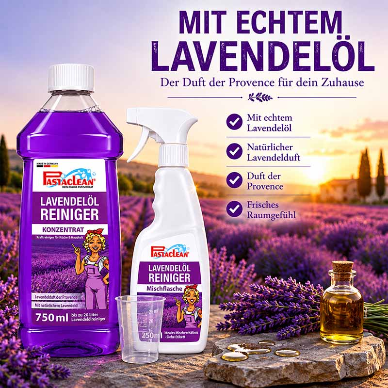 Lavendelöl Reiniger, 750 ml, Pastaclean, Konzentrat, natürlicher Lavendelduft, Duft der Provence, Frisches Raumgefühl, Kraftreiniger für Küche und Haushalt, Made in Germany, Lavendelduft, Mischflasche, Reinigung, Raumduft, Putzmittel, Haushaltspflege