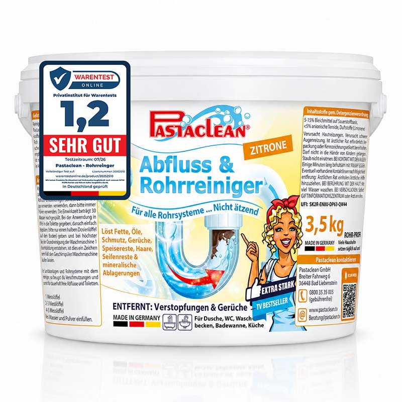 Pastaclean Rohrreiniger Pulver 3,5 kg mit Zitronenduft, Abflussreiniger gegen Verstopfungen und Gerüche für Küche und Bad, geeignet für alle Rohrsysteme, nicht ätzend, entfernt Fett, Öl und Ablagerungen.