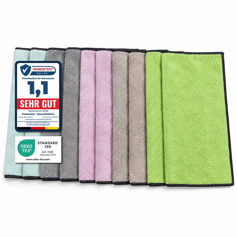 Flauschtücher antibakteriell 10-teiliges Mikrofasertuch Set in verschiedenen Farben, ideal zur effektiven Reinigung von Oberflächen und Haushaltsgegenständen.