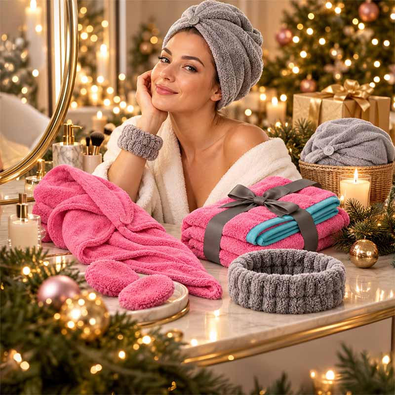 Weihnachtsgeschenke für Haare und Pflege mit Haarturban und Frisierhandtüchern