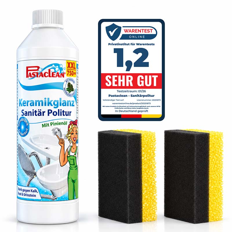 Pastaclean Keramikglanz Sanitärpolitur mit Pinienöl, 750 ml, entfernt Kalk, Rost und Urinstein in Bad und Küche.