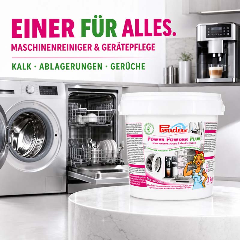 Pastaclean Maschinenreiniger Power-Powder Plus, 1 kg, Kalk- und Ablagerungsentferner, für Waschmaschinen und Geschirrspüler, zur effektiven Gerätepflege und Geruchsbeseitigung