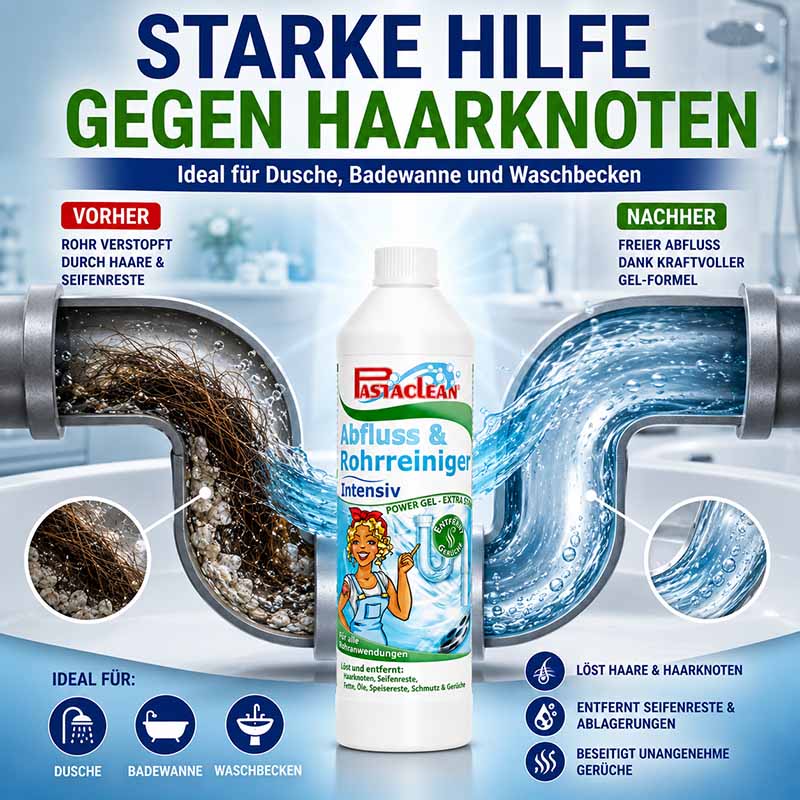 Pastaclean Intensiv Rohrreiniger, ideal für Dusche, Badewanne, Waschbecken, beseitigt Haar- und Seifenreste, entfernt Ablagerungen und sorgt für freien Abfluss, kraftvolle Gel-Formel für Rohrreinigung.