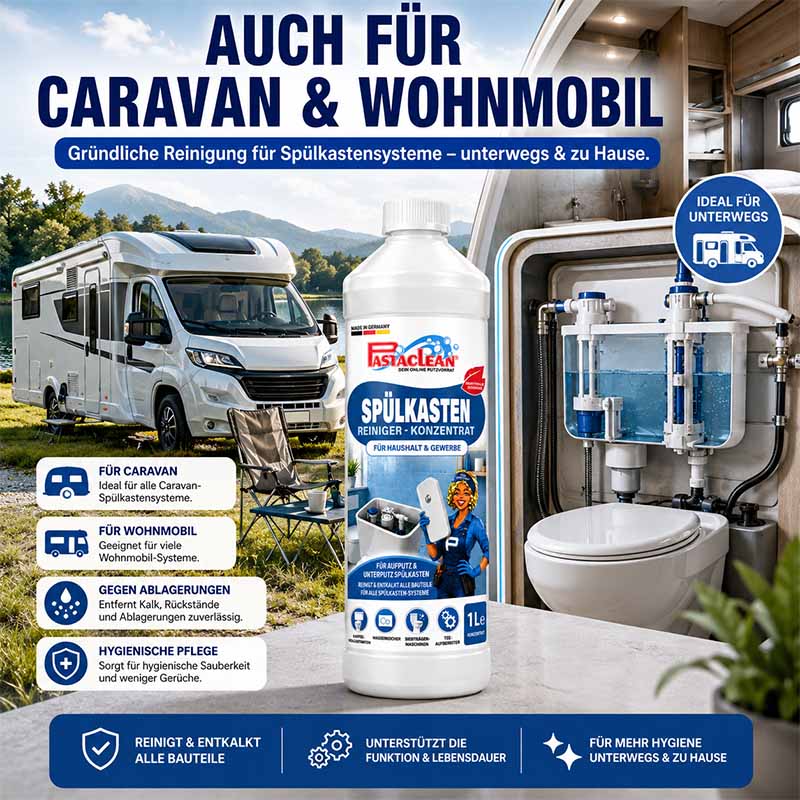 Spülkasten Reiniger Konzentrat 1L für WC, Caravan, Wohnmobil; ideal für Aufputz und Unterputz Spülsysteme; entfernt Kalk, Ablagerungen; hygienische Sauberkeit; erhöht Funktion und Lebensdauer von Spülkästen; geeignet für unterwegs und zu Hause.