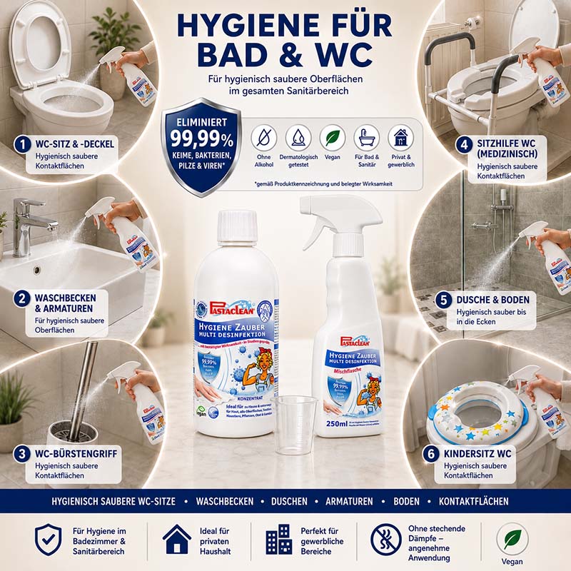 Pastaclean Flächendesinfektion Konzentrat für hygienisch saubere Oberflächen in Bad und WC, beseitigt 99,99% Keime und Bakterien, ideal für Waschbecken, Armaturen, WC-Sitze, Duschen und mehr.