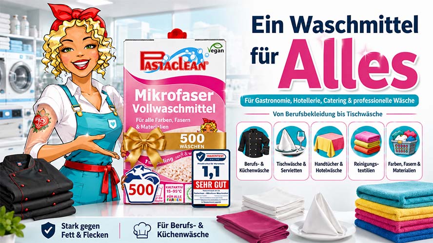 Pastaclean Mikrofaser Vollwaschmittel für alle Farben, Fasern und Materialien, geeignet für Gastronomie, Hotellerie, Catering und professionelle Wäsche, hilft gegen Fett und Flecken, geeignet für Berufs- und Küchenwäsche.