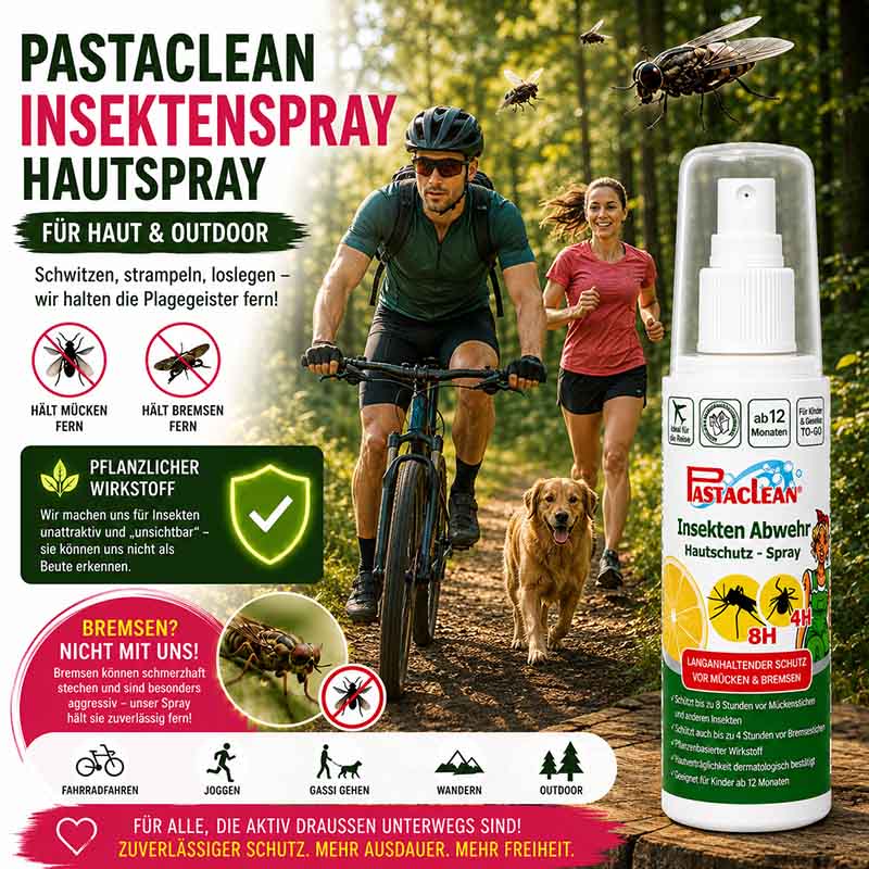 Pastaclean Insektenschutz Hautspray mit pflanzlichen Wirkstoffen; schützt bis zu 8 Stunden vor Mücken, Zecken und Stechfliegen; ideal für Outdoor-Aktivitäten; 100 ml Sprayflasche.