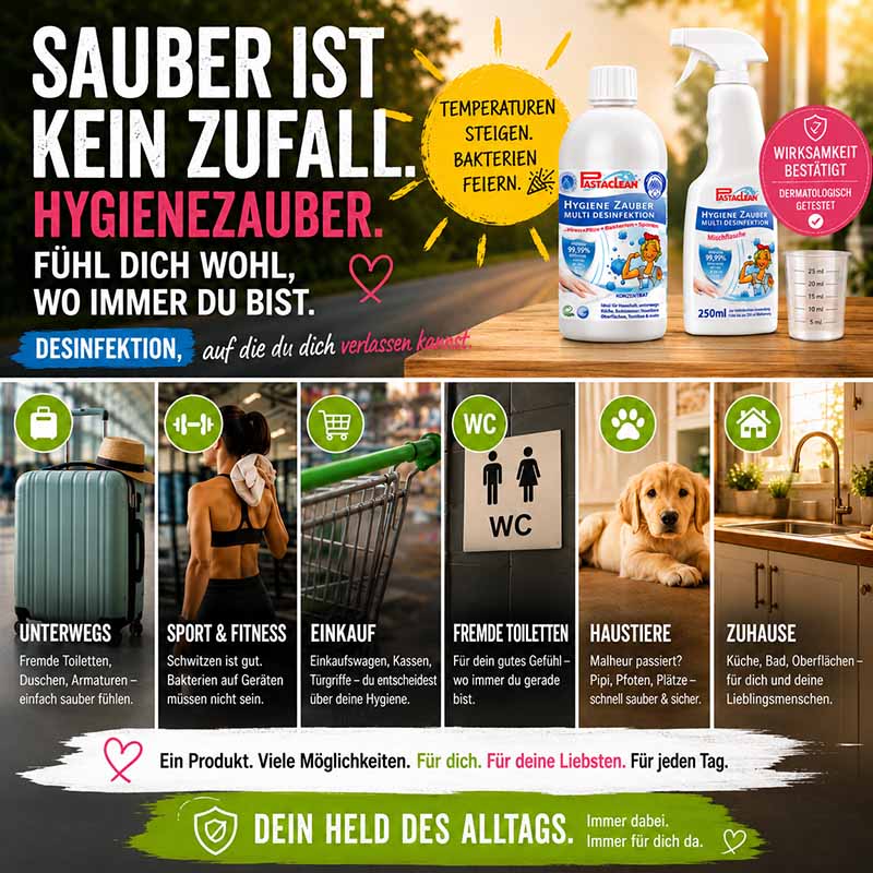 Pastaclean Flächendesinfektion Konzentrat Hygiene Zauber, Desinfektionsmittel für Oberflächen, 3x 500ml, effektiv gegen Bakterien, ideal für Haushalt, Fitness, Einkauf, Tierpflege, Toiletten und Unterwegs.