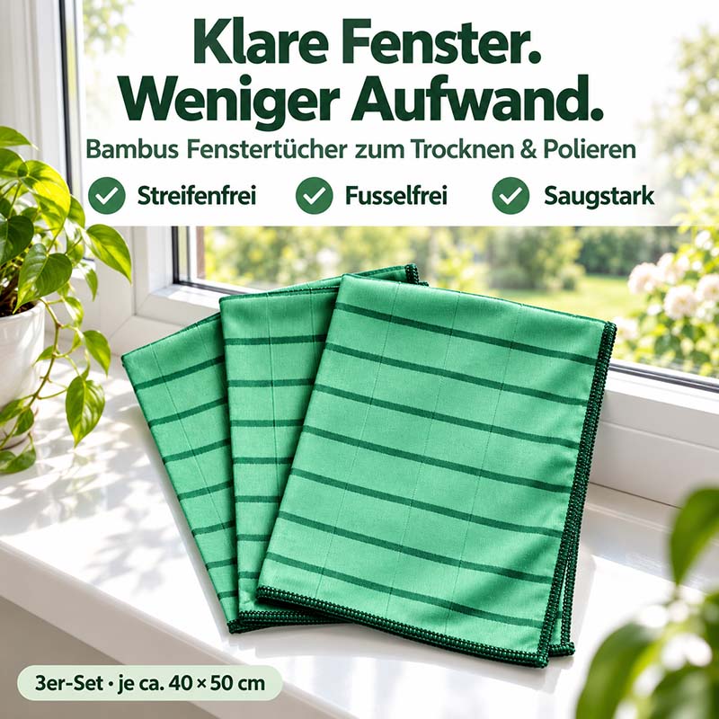 Bambus Fenstertücher 3er-Set 40 × 50 cm für streifenfreies und fusselfreies Trocknen und Polieren von Glas, Fenster, Spiegel, saugstarkes Reinigungstuch für Haushalt, umweltfreundlich und effizient