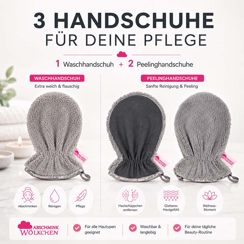 Abschminkwölkchen Peelinghandschuh & Waschhandschuh 3er Set, grau, für Gesicht, Körper, Dusche, Make-up Entfernung, sanfte Reinigung, Peeling, weich, flauschig, geeignet für alle Hauttypen, waschbar, langlebig.