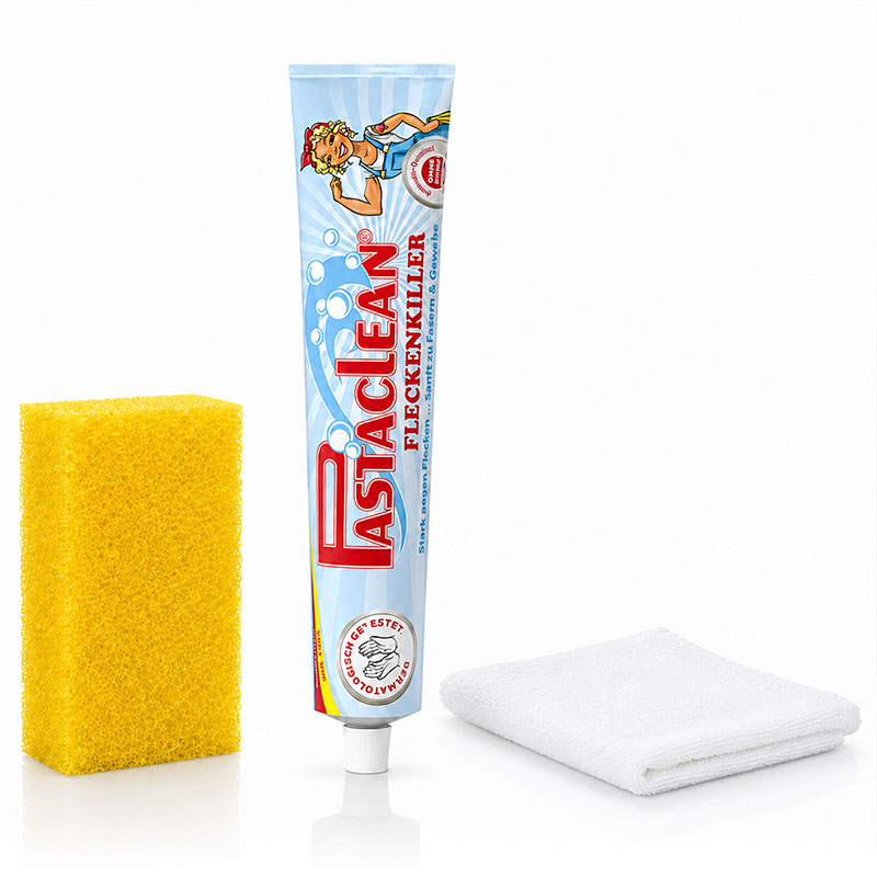 Fleckenpaste 100ml in Tube, gelber Schwamm, weißes Tuch, Reinigungsprodukte, Fleckenentferner, Haushaltsreiniger, Textilpflege, Waschmittel, effektive Fleckenbehandlung, Oberflächenreinigung, Fleckentfernung, Wäschepflege, Reinigungstipps, Fleckenkiller