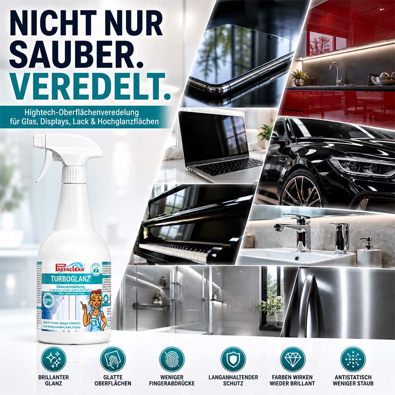 Pastaclean TurboGlanz Glasreiniger für Glas, Spiegel, Displays, Edelstahl, Lack und Hochglanzflächen, 750 ml, inklusive Poliertuch für brillanten Glanz und langanhaltenden Schutz