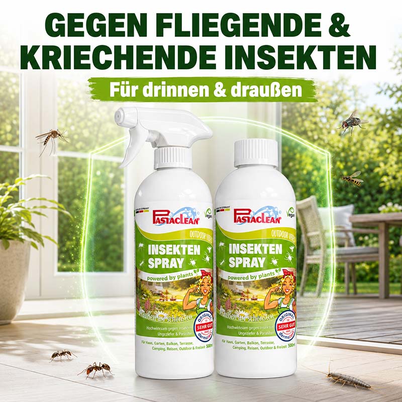 Pastaclean Insektenspray 2x 500 ml für drinnen und draußen, schützt vor fliegenden und kriechenden Insekten im Haus, Garten, Balkon, Terrasse, Camping, Reisen, auf Pflanzenbasis.