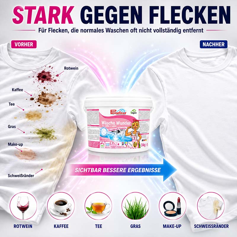Wäsche Wunder Waschkraftverstärker 480WL, 3 Kg. Effektive Fleckenentfernung bei Rotwein, Kaffee, Tee, Gras, Make-up. Stark gegen Flecken, sichtbare Ergebnisse. Ideal für weiße Textilien, vegan, geeignet für alle Waschmaschinen.