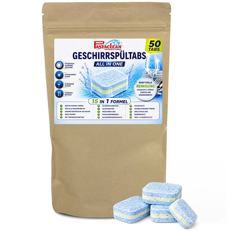 Spülmaschinentabs 50 Stück, All-In-One Geschirrspültabs, starke Fettlösekraft, extreme Powerformel, Kalkschutz, Glaskorrosionsschutz, für alle Wasserhärten, Reinigung gegen Fett und Stärke, Maschinenreiniger, Spültabs Kraftvolle Reinigung
