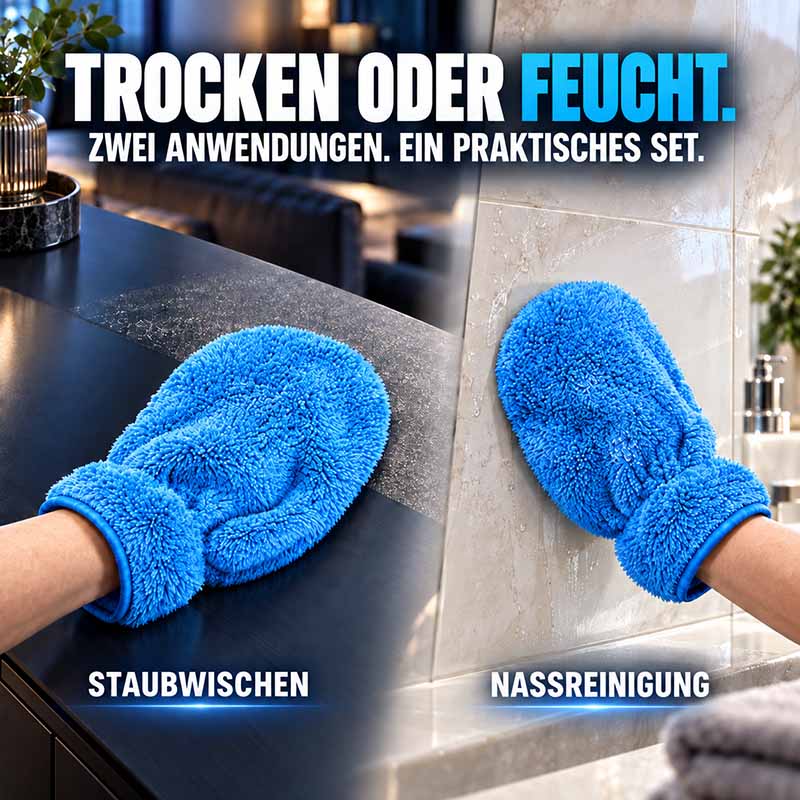 Bambus-Reinigungshandschuhe 2er-Set für Haushalt und Auto, blau, für Trocken- und Nassreinigung, ideal zum Staubwischen und Polieren, langlebig und vielseitig einsetzbar.