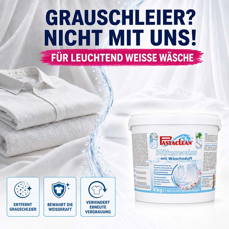 Pastaclean Blütenweiss Weißwaschmittel 4Kg für strahlend weiße Wäsche, entfernt Grauschleier, bewahrt Weißkraft, verhindert Vergrauung, geeignet für weiße Textilien und Feinwäsche