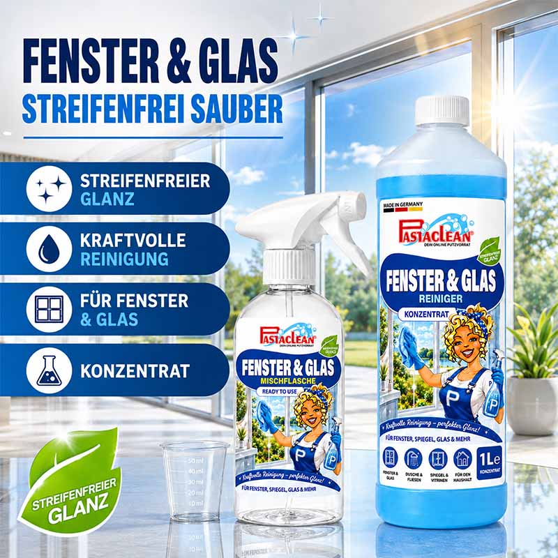 Fensterreiniger Konzentrat 1 Liter, Glasreiniger für streifenfreie Reinigung von Fenstern, Spiegeln, Duschkabinen, Glasflächen, kraftvoll, streifenfrei, Glanz, für Fenster und Glas, Pastaclean, made in Germany.