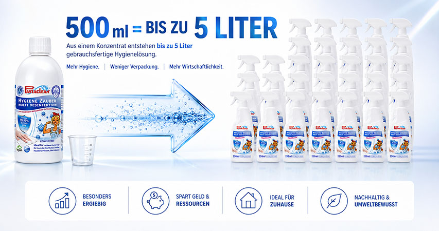 Pastaclean Hygiene Zauber Multi Desinfektion, 500 ml Konzentrat ergibt bis zu 5 Liter gebrauchsfertige Lösung, ideal für zu Hause, reduziert Verpackung, nachhaltig und umweltbewusst, effektiv gegen Keime.