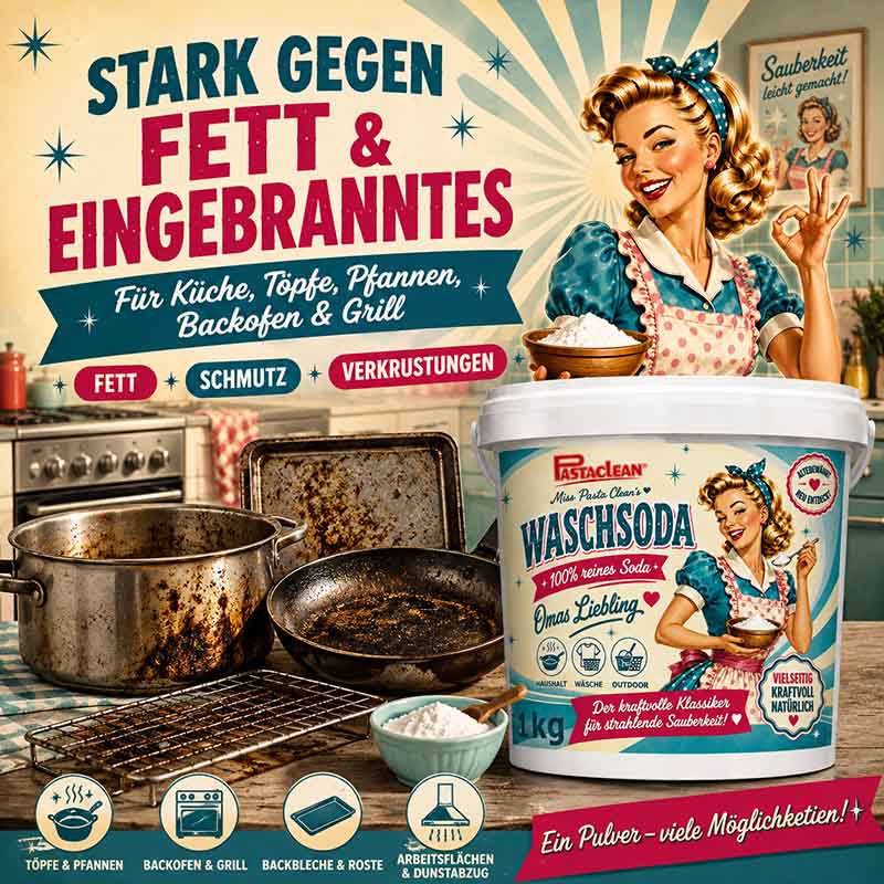 Pastaclean Waschsoda 100% reine Soda gegen Fett, Schmutz und Flecken für Küche, Töpfe, Pfannen, Backofen, Grill, Haushalt, Wäsche und Gartenpflege.