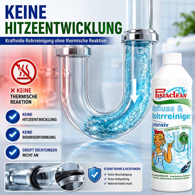Pastaclean Intensiv Rohrreiniger, 2x 750ml, für kraftvolle Rohrreinigung, ohne thermische Reaktion, schont Rohre und Dichtungen, ideal gegen Kalk, Seifenreste, Fett in Abflüssen und Rohren.