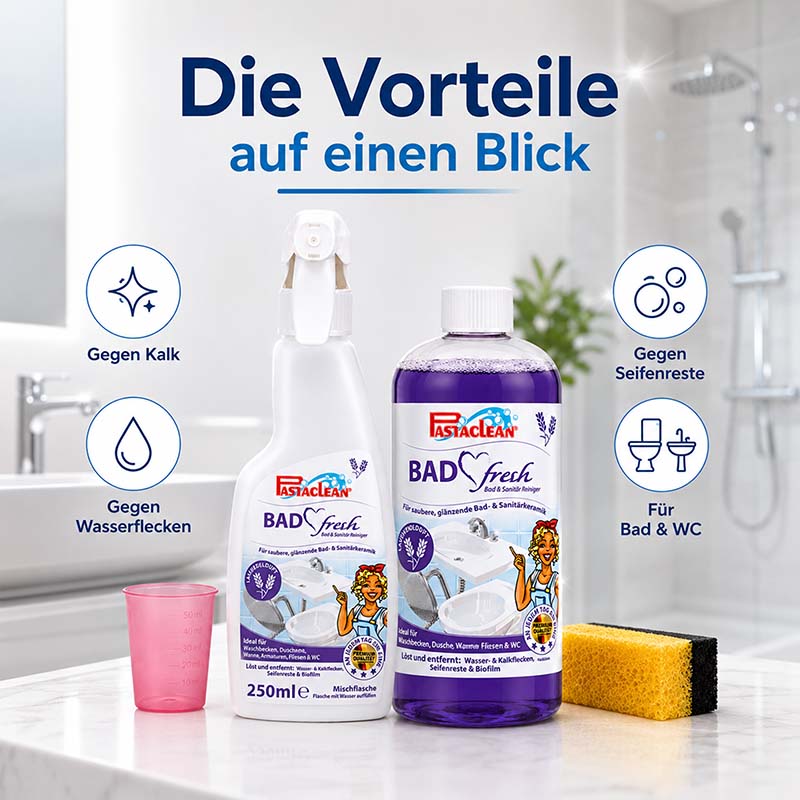 Pastaclean BADfresh Badreiniger Konzentrat, 1.000 ml, mit echtem Lavendelöl, gegen Kalk, Wasserflecken und Seifenreste, für Bad und WC, saubere und glänzende Oberflächen, Putzmittel Badezimmer Reinigung, im Bad.