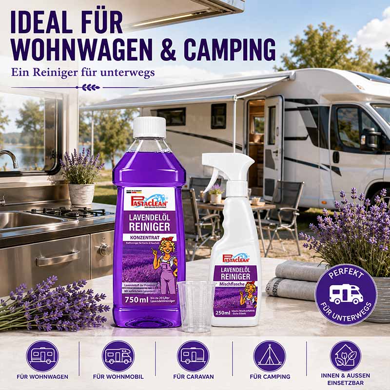 Lavendelöl Reiniger 750 ml und 250 ml, ideal für Wohnwagen, Wohnmobil, Caravan, Camping. Perfekt für unterwegs, innen und außen einsetzbar. Ideal zur Reinigung unterwegs, Lavendelduft, Faserclean.