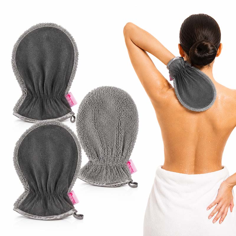 Peelinghandschuh & Waschhandschuh 3er Set Grau für Gesicht und Körper, ideal zur Dusche und Make-up Entfernung, hautfreundliches Material für sanfte Reinigung und Pflege.
