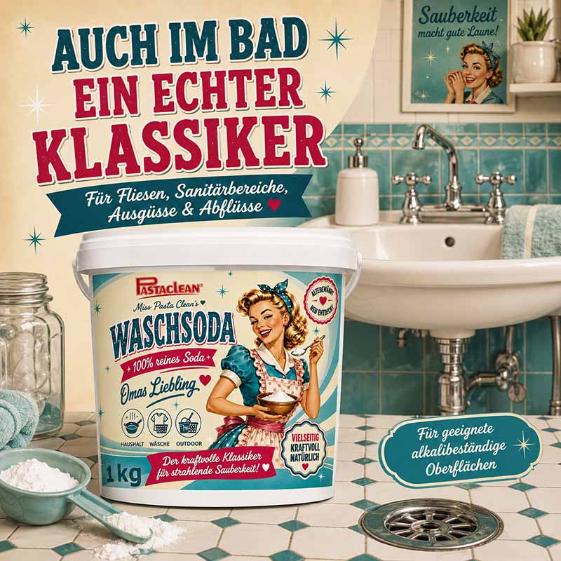 Pastaclean Waschsoda 1 kg, 100% reine Soda gegen Fett, Schmutz und Flecken für Haushalt, Wäsche und Garten; geeignet für Fliesen, Sanitärbereiche, Ausgüsse und Abflüsse; vielseitig kraftvoll und natürlich.