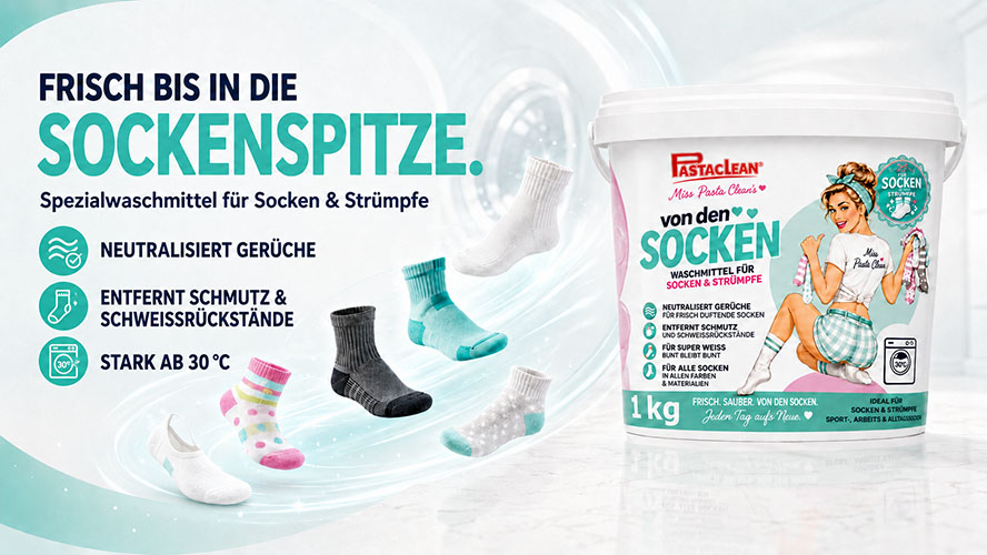 Pastaclean Spezialwaschmittel für Socken und Strümpfe, neutralisiert Gerüche, entfernt Schmutz und Schweißrückstände, wirksam ab 30°C