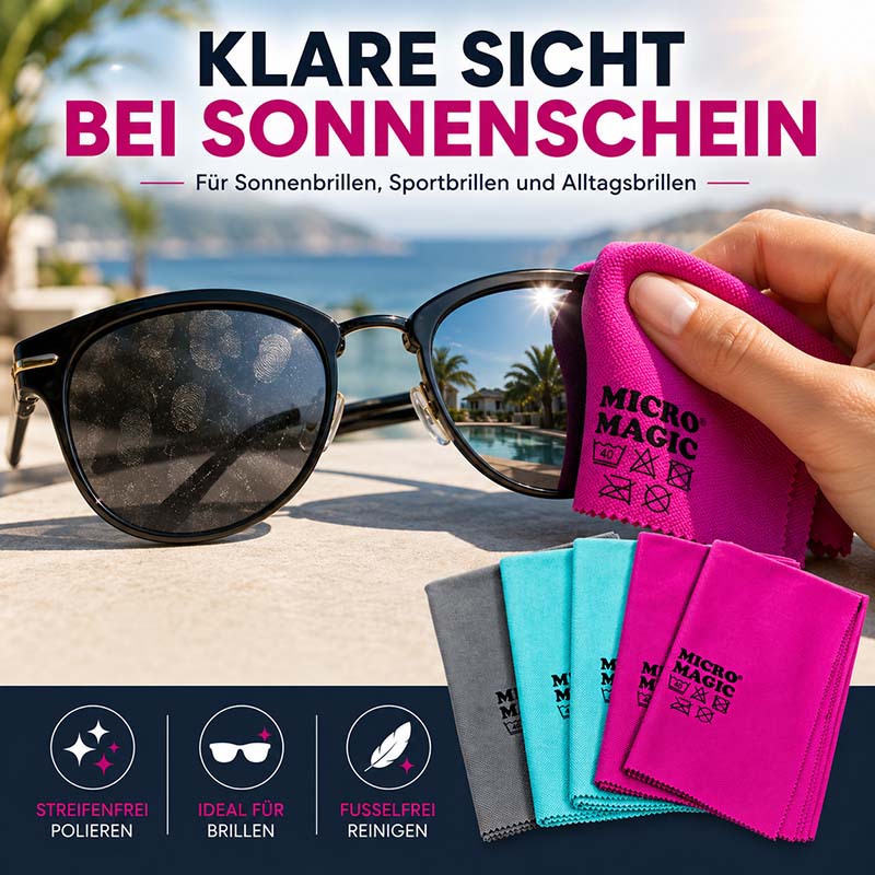 Micro Magic Glas- & Poliertücher Set, 5-teilig, für streifenfreies Polieren von Sonnenbrillen, Sportbrillen und Alltagsbrillen, fussel- und kratzfreies Reinigen, ideal für klare Sicht bei Sonnenschein.