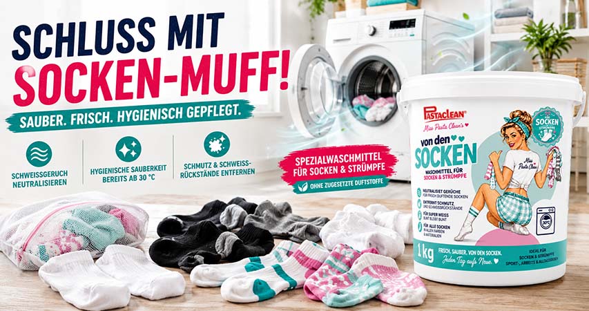 Pastaclean Waschmittel Spezialwaschmittel für Socken und Strümpfe zur Neutralisierung von Schweißgeruch, entfernt Schmutz und Schweißrückstände, geeignet ab 30°C, ohne Duftstoffe, für hygienische Sauberkeit.