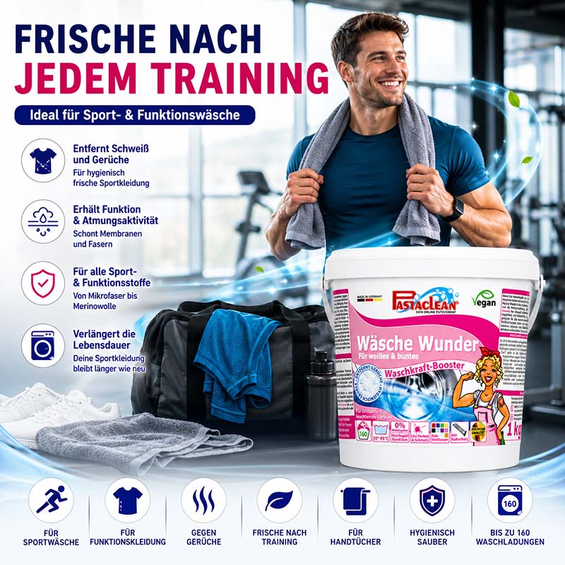 Pastaclean Wäsche Wunder Waschpulver Zusatz für Sport- und Funktionskleidung, entfernt Schweiß und Gerüche, erhält Funktion und Atmungsaktivität, ideal für Sportwäsche, 160 Waschladungen, 1 kg