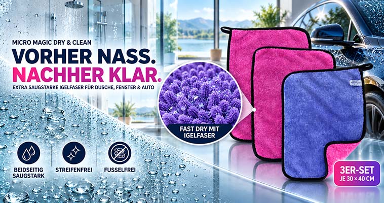 Micro Magic extra saugstarke Igel-Fasertücher 3er-Set 30x40 cm zur streifenfreien Reinigung von Dusche, Fenster und Auto, beidseitig saugstark, fussel- und streifenfrei.