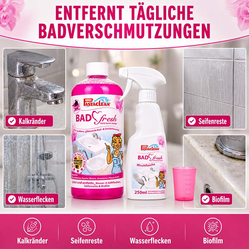 Badfresh Sanitärreiniger 1 Liter, entfernt Kalkränder, Seifenreste, Wasserflecken, Biofilm, geeignet für Dusche, Badewanne, Fliesen, Waschbecken, Armaturen, mit Mischflasche, Pastaclean Reinigungsmittel, tägliche Badreinigung.