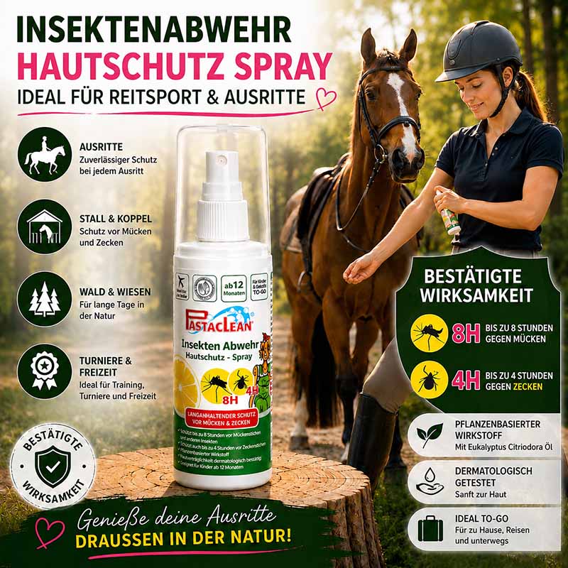 Pastaclean Insektenschutz Hautschutz Spray für zuverlässigen Schutz vor Mücken und Zecken, ideal für Ausritte, Reitsport, Wald- und Wieseneinsätze sowie Turniere, 100 ml.