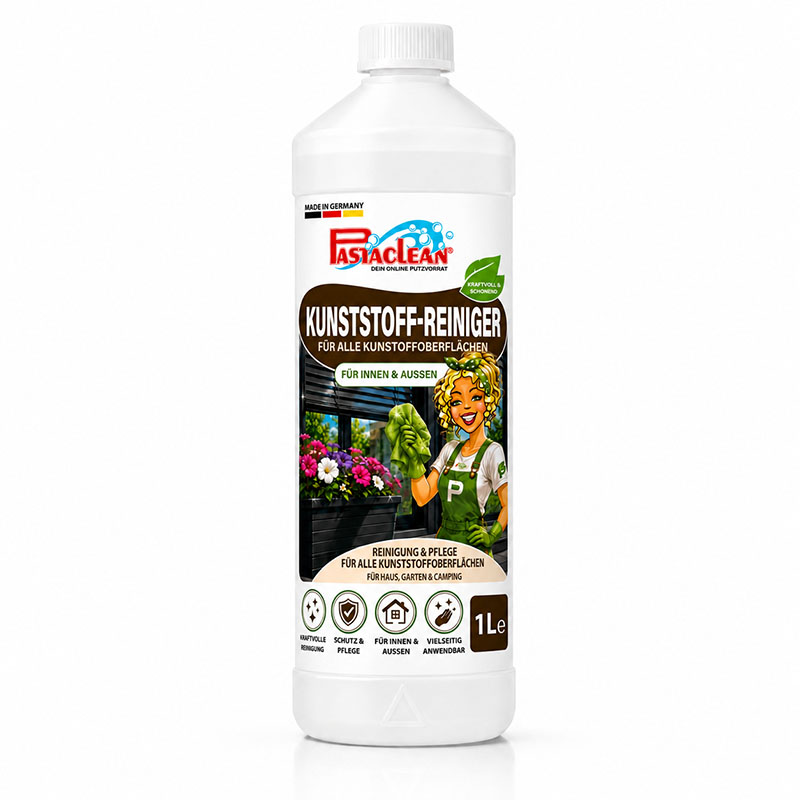 Pastaclean Kunststoffreiniger und Kunststoffpflege für Fensterrahmen, Gartenmöbel, Rollläden und Wohnwagen, 1 Liter, ideal für Innen- und Außenanwendung, Reinigung und Schutz von Kunststoffoberflächen.