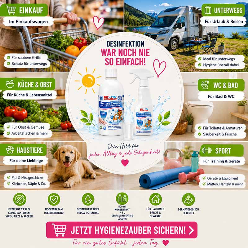Hygiene Zauber Flächendesinfektion Konzentrat zur Desinfektion von Oberflächen in Küche, Bad und unterwegs, hochwirksam gegen Keime, Viren und Bakterien, ideal für Haushalt und Gewerbe.