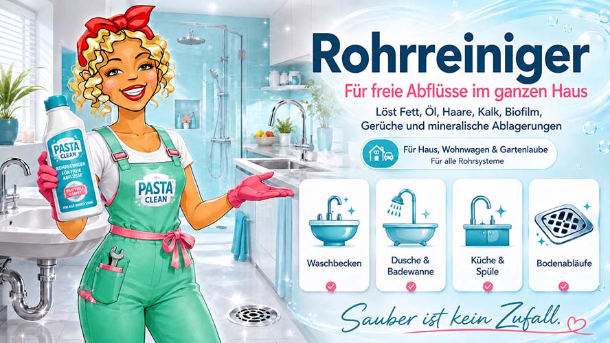 Pastaclean Rohrreiniger für alle Rohrsysteme zur Reinigung von Waschbecken, Dusche, Badewanne, Küche, Spüle, Bodenabläufen, löst Fett, Öl, Haare, Kalk, Biofilm, Gerüche, mineralische Ablagerungen, für Haus, Wohnwagen, Gartenlaube.