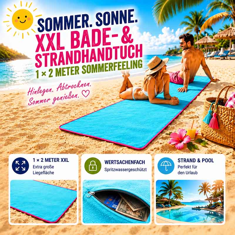 XXL Bade- & Strandtuch 200x100 cm in Türkis für Strand und Pool, mit spritzwassergeschütztem Wertachenschutzfach, ideal für den Urlaub, extra große Liegefläche, inklusive Aufbewahrungstasche