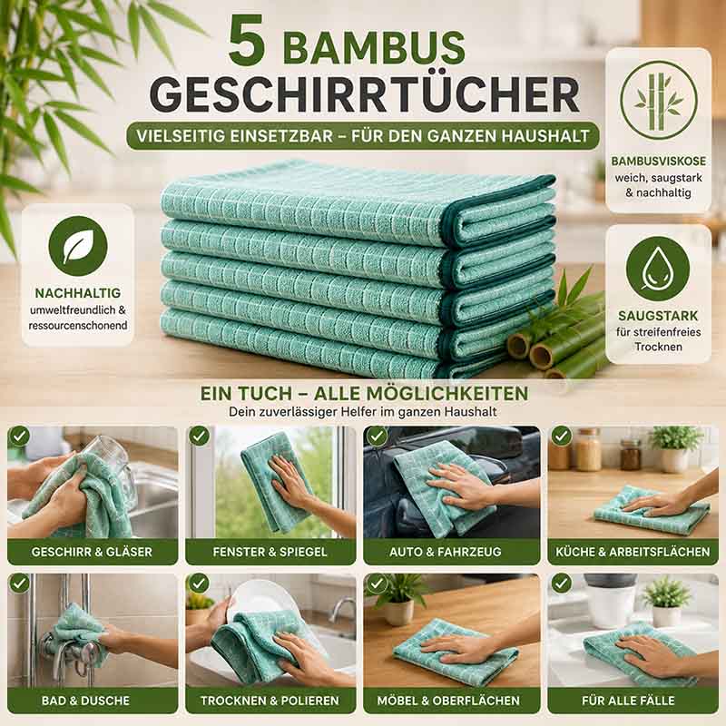 5 Bambus Geschirrtücher, saugstark, umweltfreundlich, vielseitig für Küche, Bad, Haushalt, Bambusviskose, nachhaltig. Ideal zum Trocknen von Geschirr, Gläsern, Spiegeln, Autos, Oberflächen, polieren und reinigen.