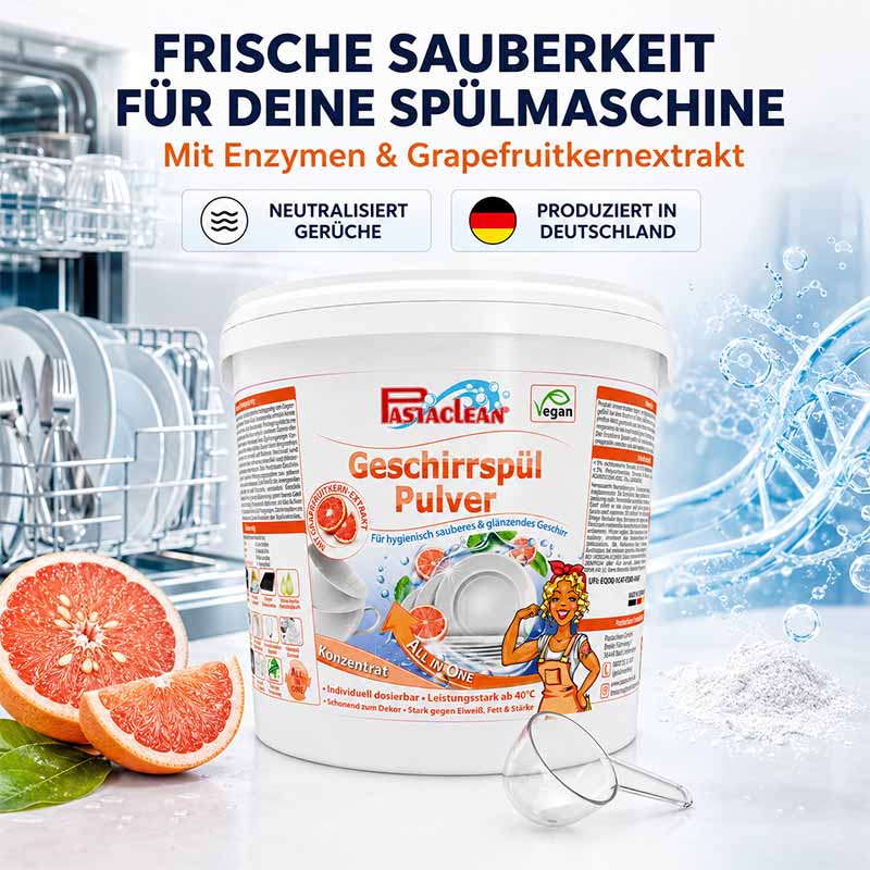 Pastaclean Geschirrspülpulver für Spülmaschinen, neutralisiert Gerüche, mit Grapefruchtextrakt, vegan, 2 kg, für hygienisch saubere und glänzende Geschirre, hergestellt in Deutschland