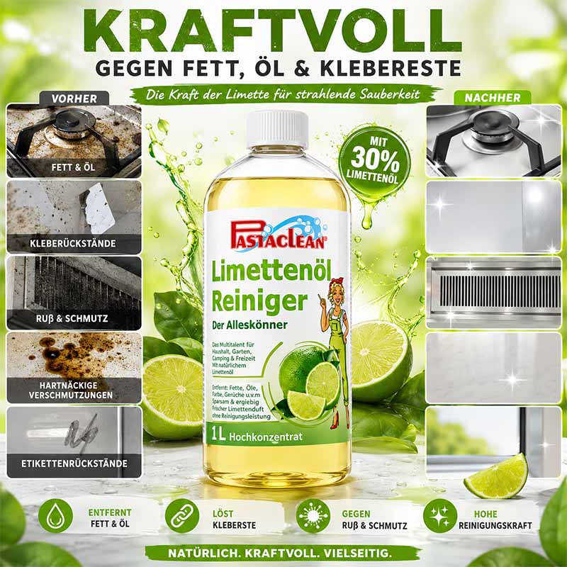 Limettenöl Reiniger Konzentrat 1 Liter, entfernt Fett und Öl, löst Klebereste, gegen Ruß und Schmutz, mit 30% Limettenöl, kraftvolle Reinigungskraft, vielseitige Anwendung, natürlicher Alleskönner für Haushalt und Garten.