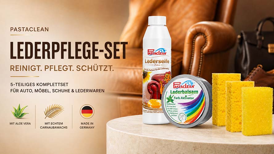 Pastaclean Lederpflege-Set mit Lederseife und Lederbalsam für Reinigung und Pflege von Auto, Möbeln, Schuhen und Lederwaren, enthält Aloe Vera und Carnaubawachs, hergestellt in Deutschland.