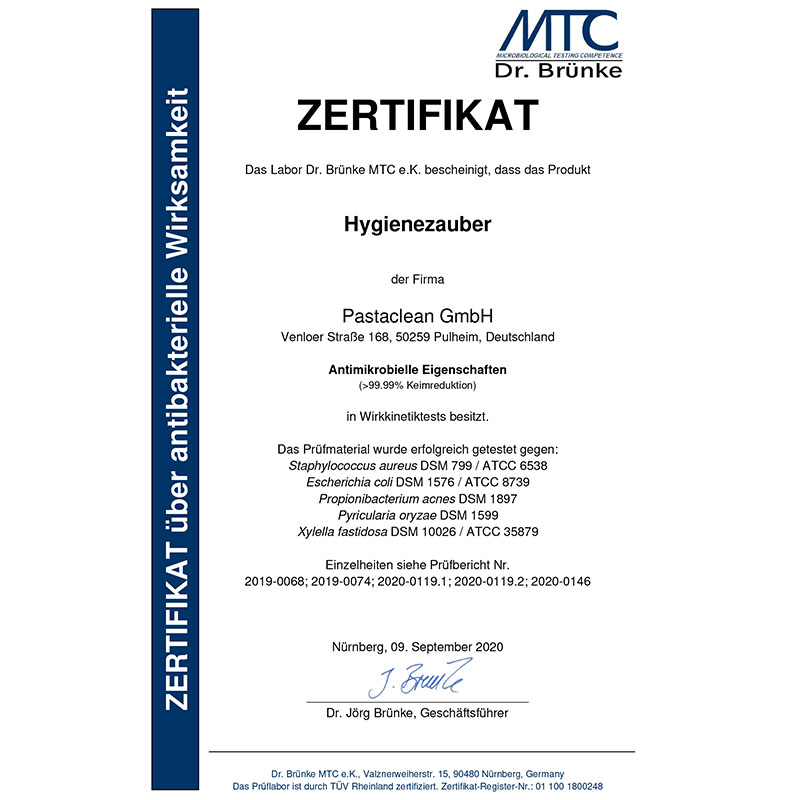 Zertifikat des Labor Dr. Brünke MTC für Pastaclean Hygiene Zauber mit bestätigter antibakterieller Wirksamkeit und über 99,99 % Keimreduktion